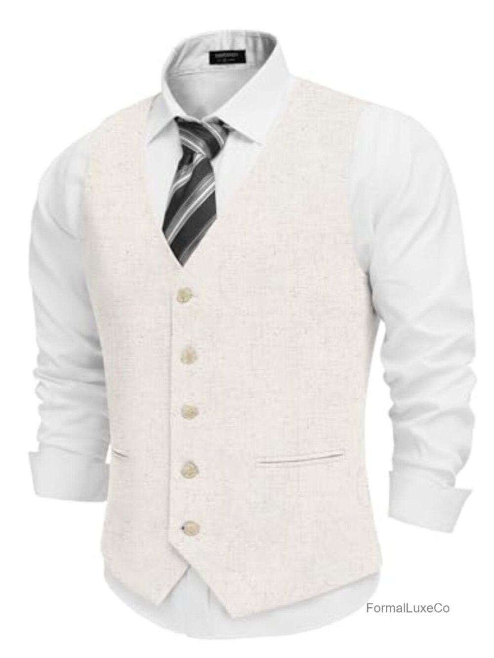 Men's Linen Slim Fit Suit Vest V-Neck Button Closure Dress Waistcoat Casual